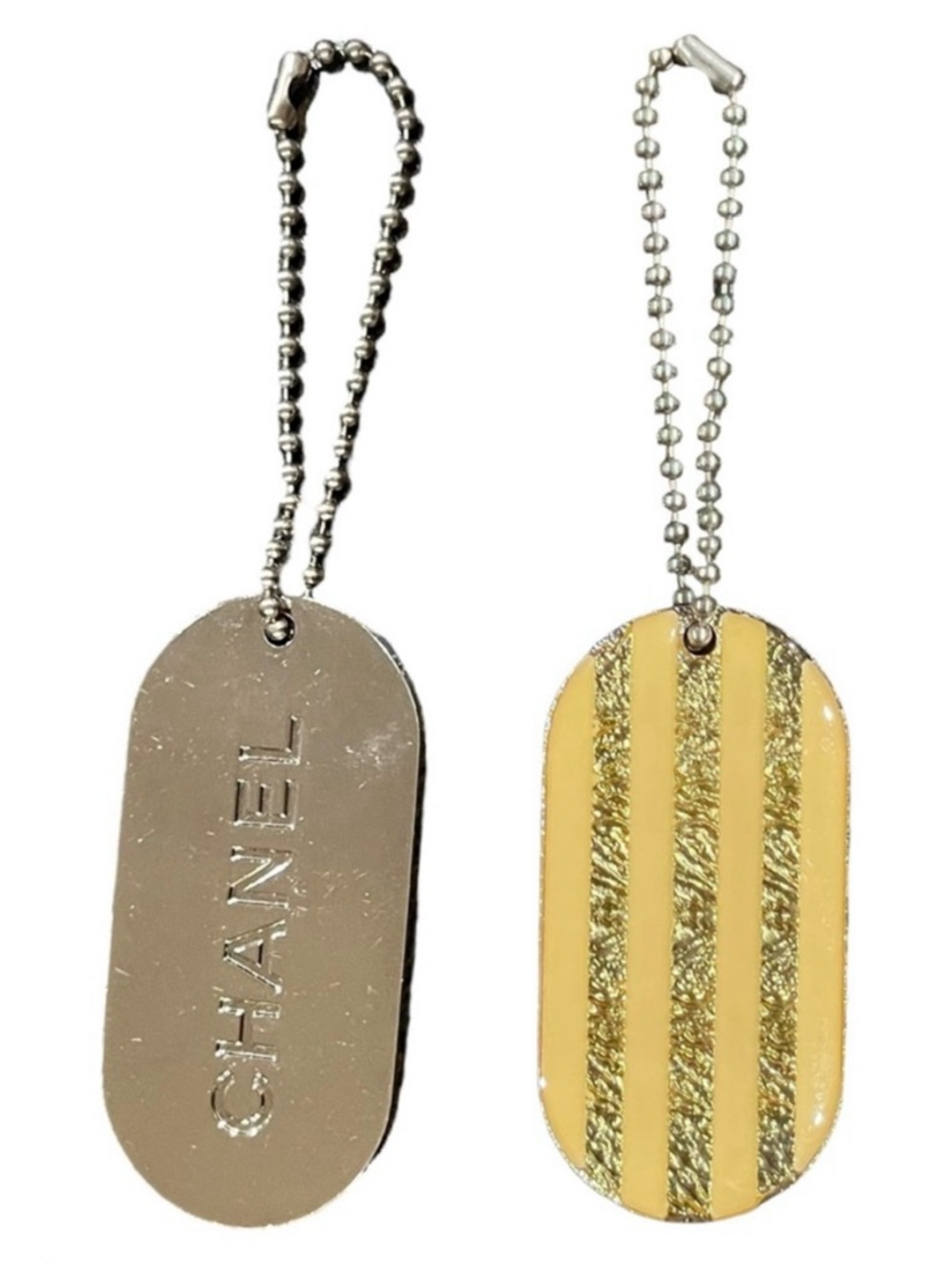 CHANEL Authentic Keychain Bag Charm Yellow Gold Stripes